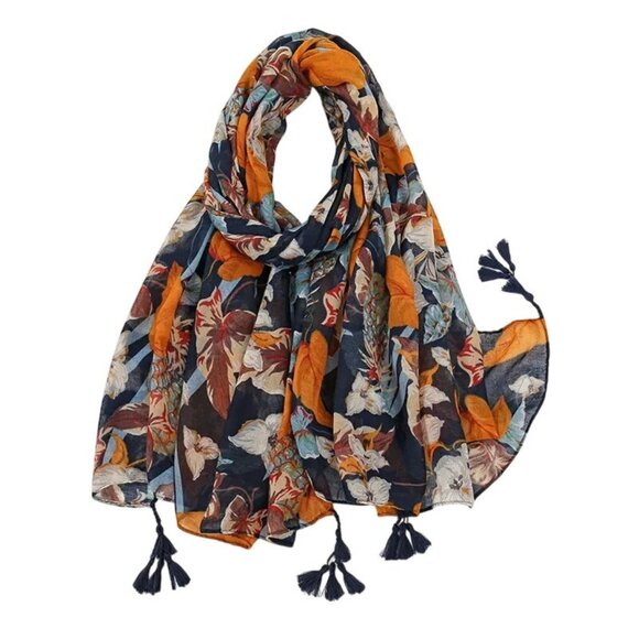 2/$30 Bohemian Geometric Tassel Scarf Navy Orange Blue Cotton And Linen - Picture 6 of 15